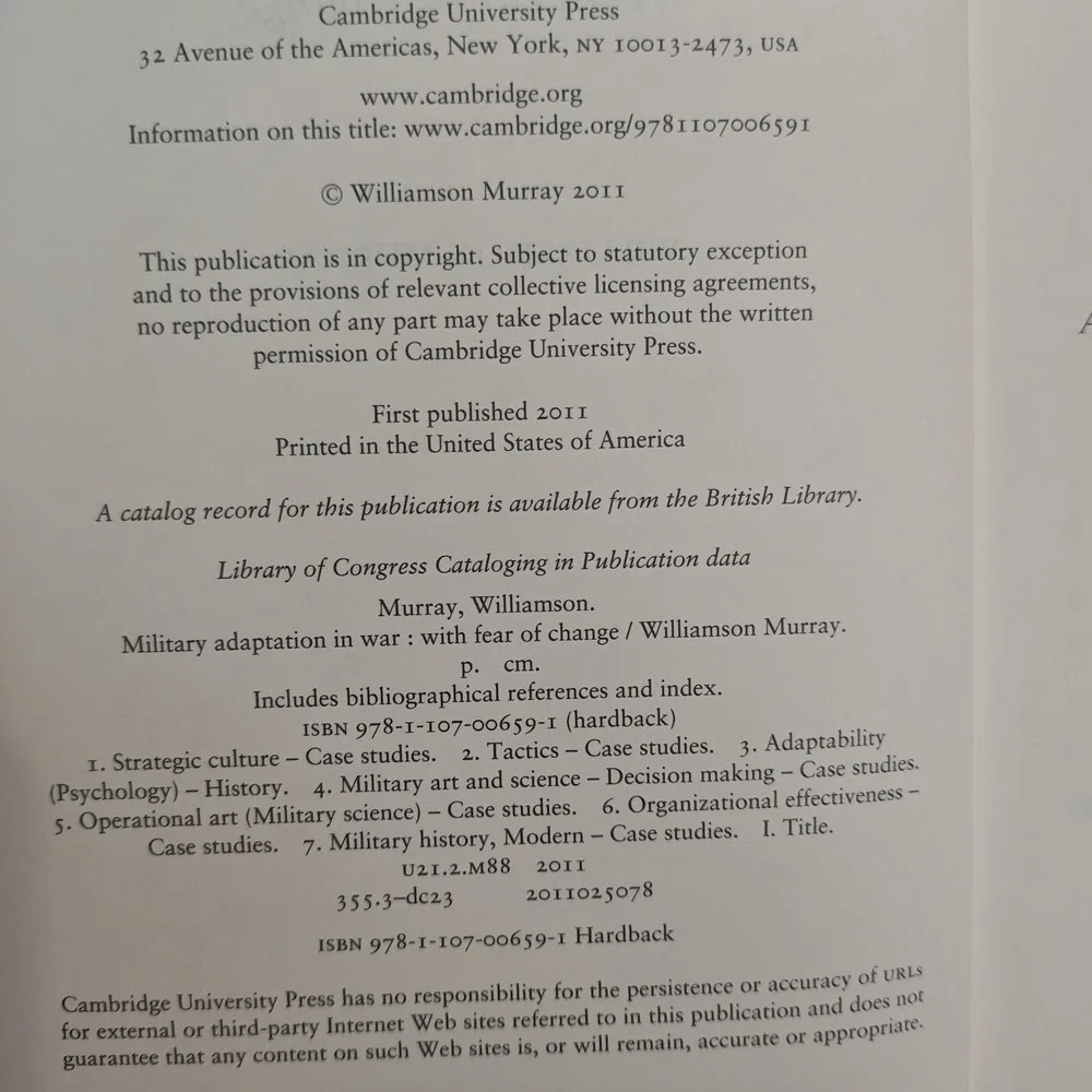 Military Adaptation in War: With Fear of Change by Williamson Murray (English) H